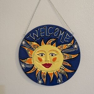Sun and Stars Welcome Wall Plaque - Blue and Yellow Carved & Painted